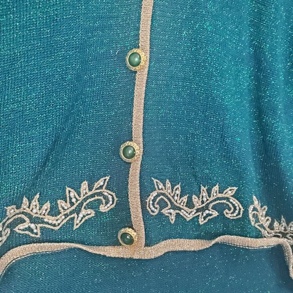 VINTAGE JACLYN SMITH Womens Cardigan Large Gold Green Sparkle Metallic Christmas - Picture 6 of 6